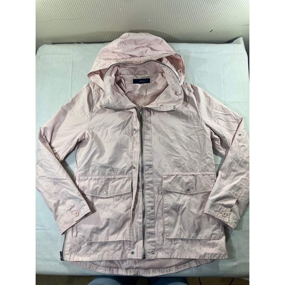 Womens Forever 21 Pink Hooded Utility Jacket Zip Snap Button Pockets Size M
